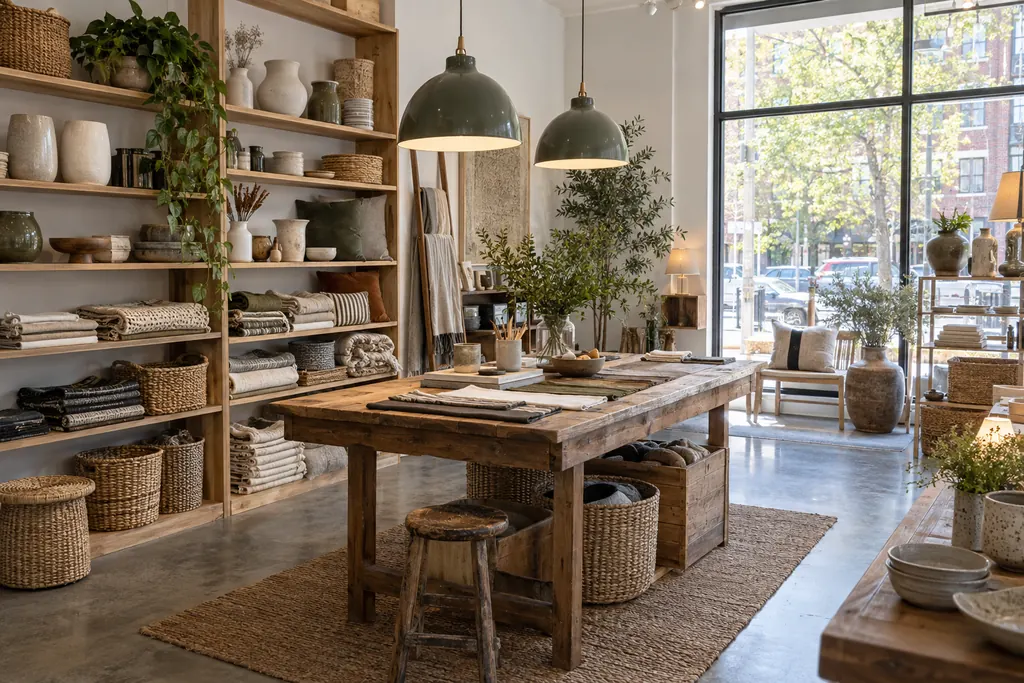 Interior de un estudio de decoración con estanterías de madera llenas de cerámica, textiles doblados y cestos, y una gran mesa de trabajo