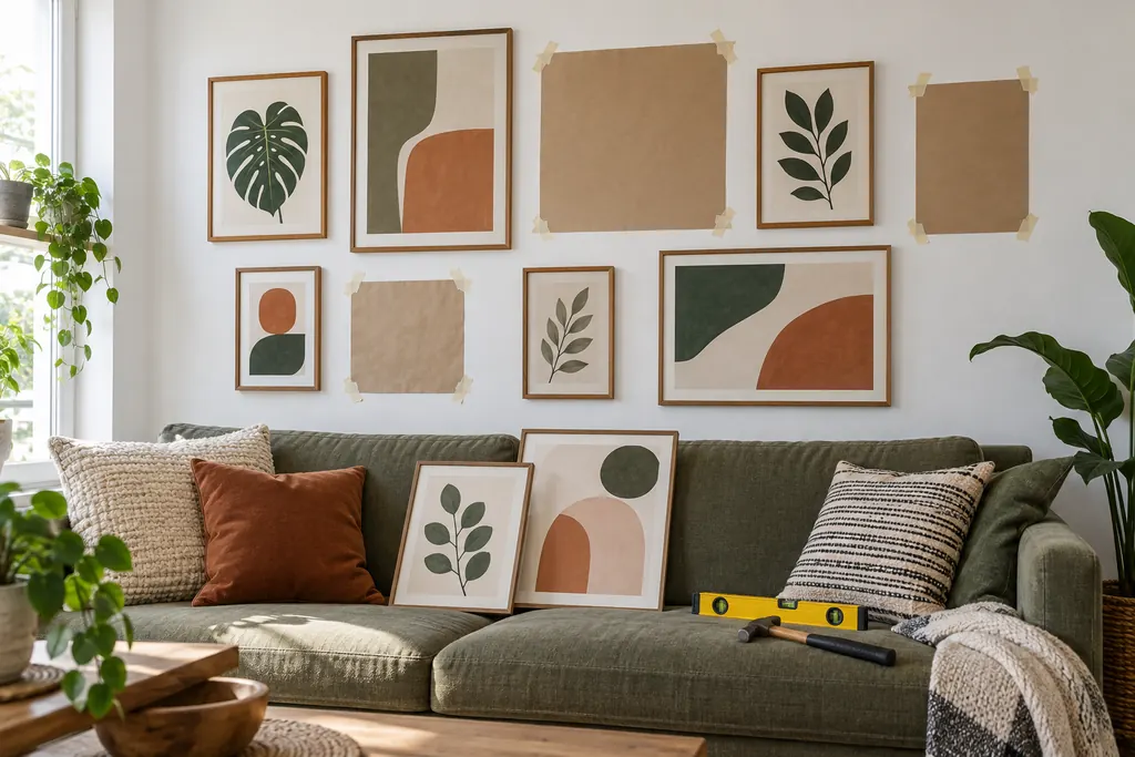 Pared de galería en preparación sobre un sofá verde, con marcos de madera, plantillas de papel kraft, un nivel y un martillo