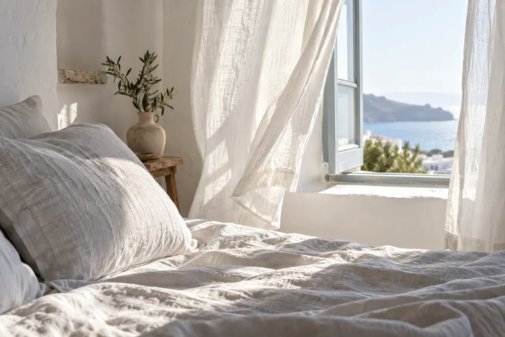 Ropa de cama y visillos de lino lavado movidos por la brisa junto a una ventana abierta en un dormitorio encalado