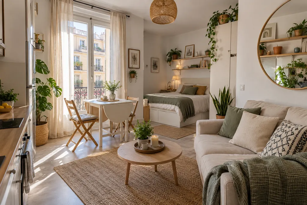 Estudio urbano luminoso con sofá pequeño, mesa plegable junto al balcón, espejo redondo y baldas con plantas