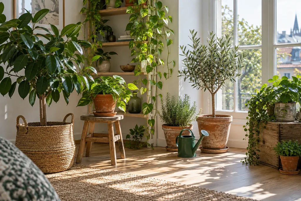 Rincón luminoso con un ficus en cesto de fibras, un potos colgante, un olivo junto a la ventana y macetas de terracota