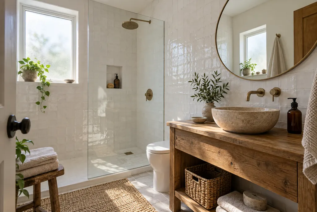 Baño pequeño y luminoso con azulejo blanco artesanal, mueble de madera con lavabo de piedra y espejo redondo