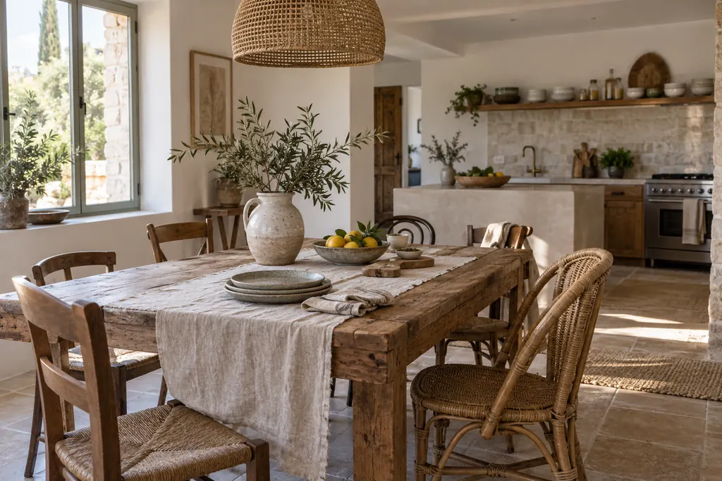 Comedor abierto a la cocina con mesa de madera maciza, camino de lino, vajilla de gres y lámpara colgante de fibras