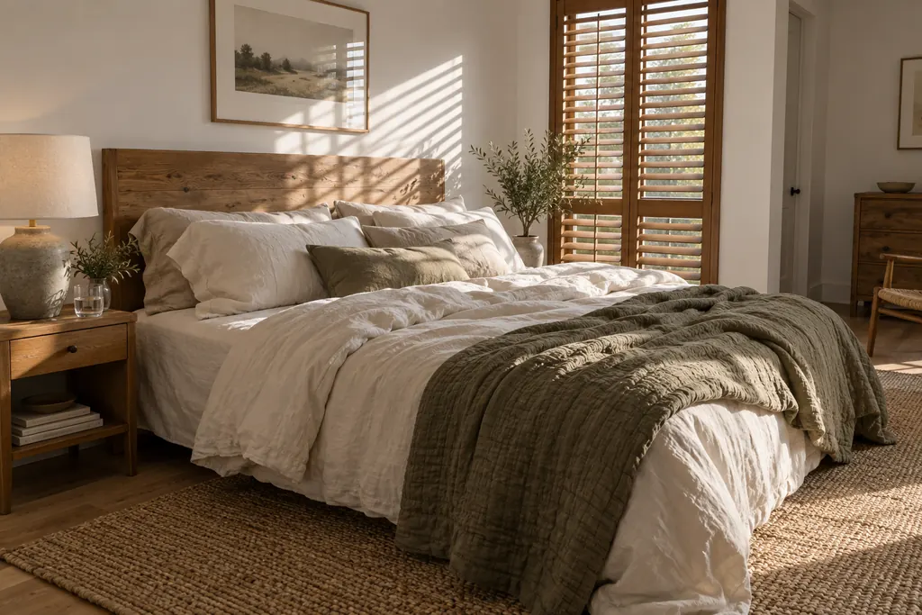 Dormitorio sereno con ropa de cama de lino en blanco roto, colcha verde oliva, cabecero de madera y contraventanas de lamas