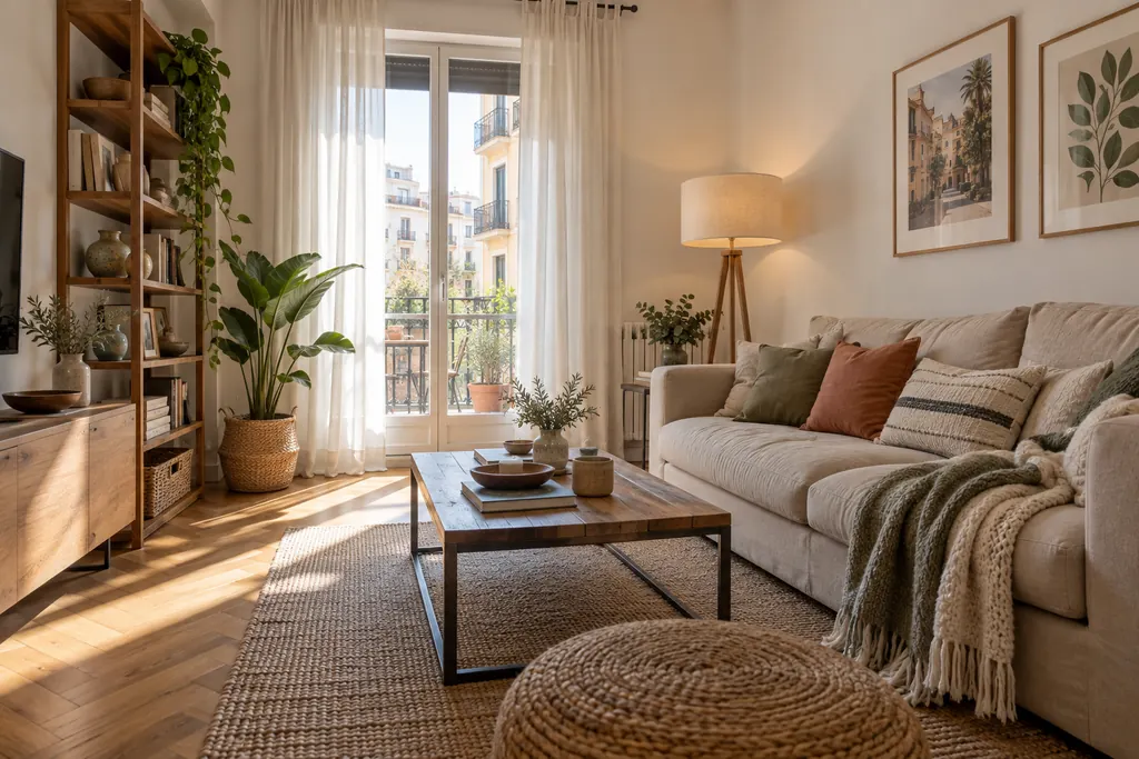 Salón acogedor de un piso urbano con sofá beige, cojines de varias texturas, estantería de madera y luz de tarde