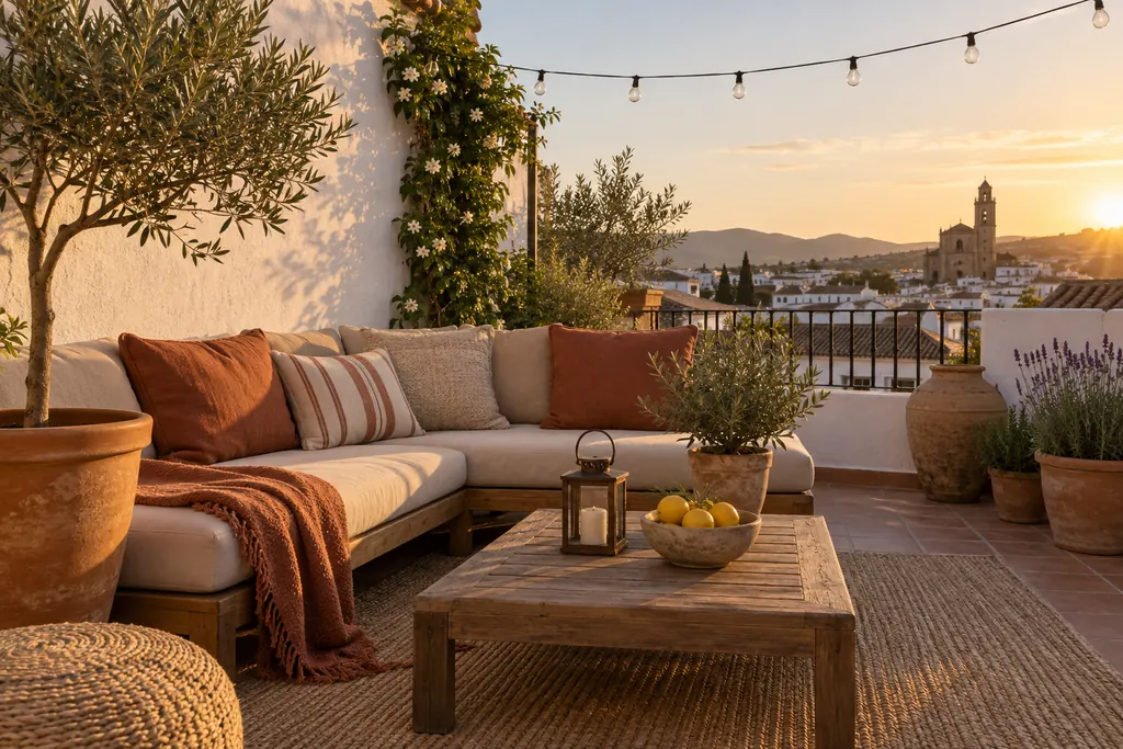 Pequeña terraza urbana al atardecer con sofá de exterior, cojines en tonos arena y terracota, olivo en maceta y farol