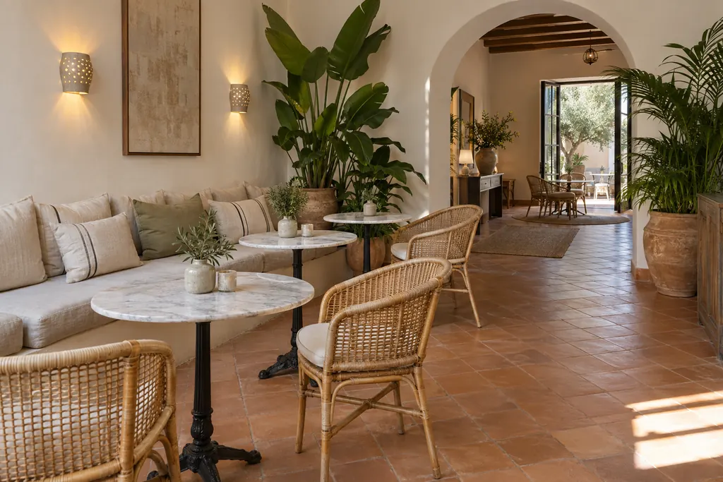 Salón de un pequeño hotel con sillas de ratán, mesas de mármol, banco corrido con cojines de lino y suelo de barro