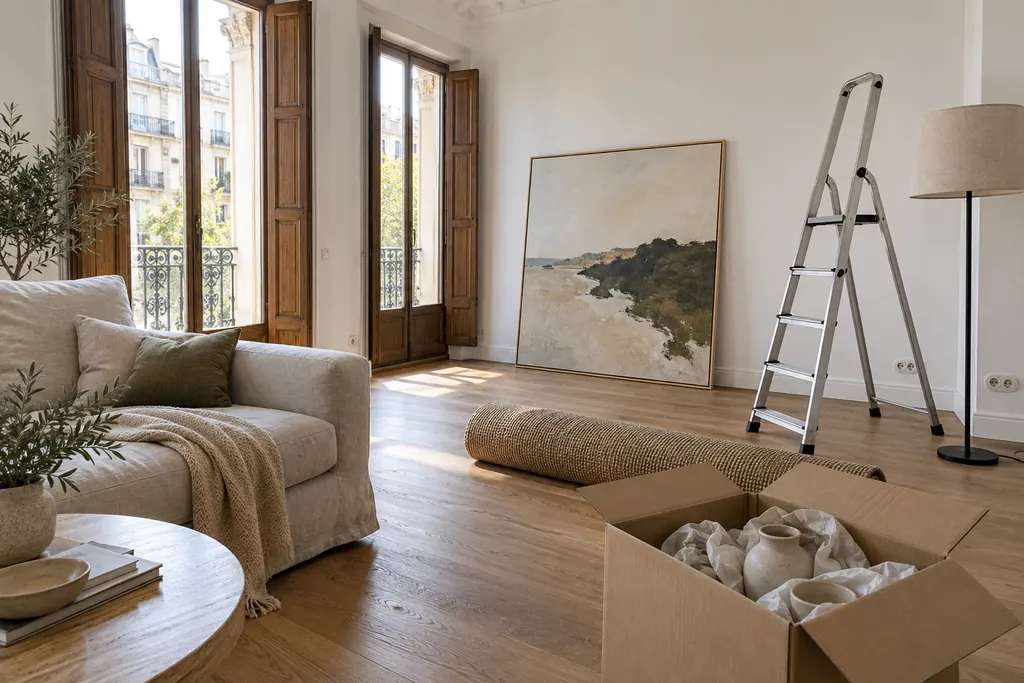 Salón a medio decorar con un cuadro grande apoyado en la pared, una alfombra enrollada, una escalera y una caja con cerámica