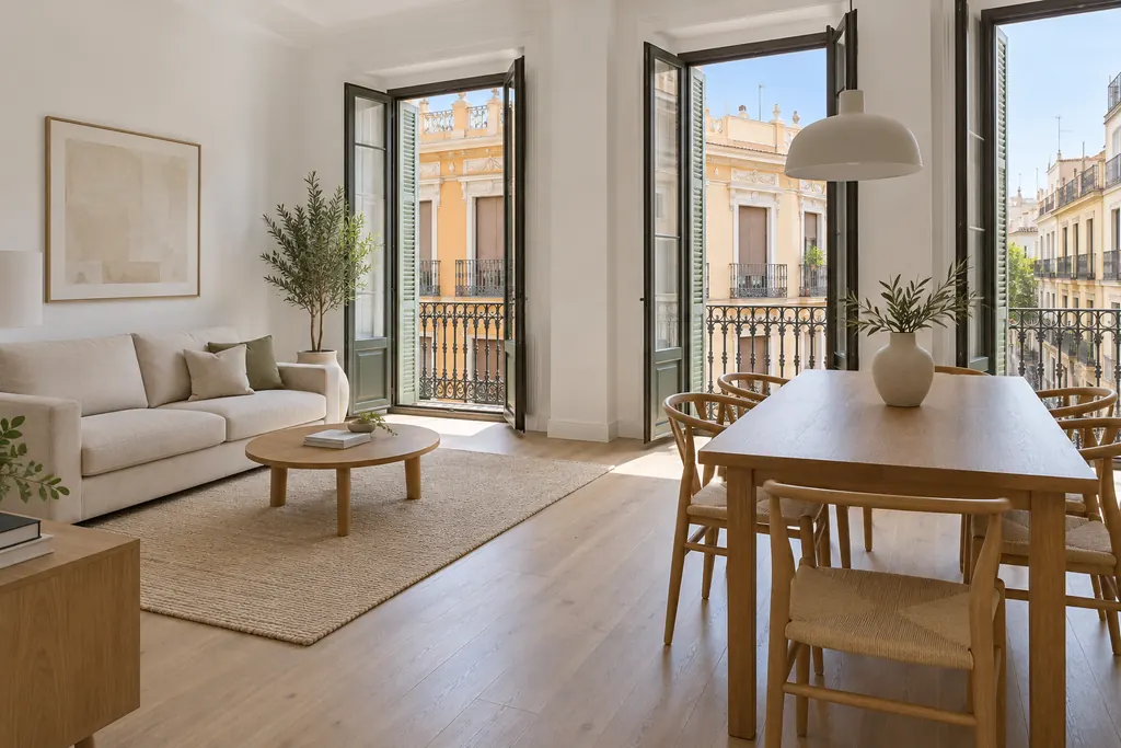 Salón comedor neutro y despejado de un piso reformado, con balcones de hierro forjado y vistas a fachadas ocres